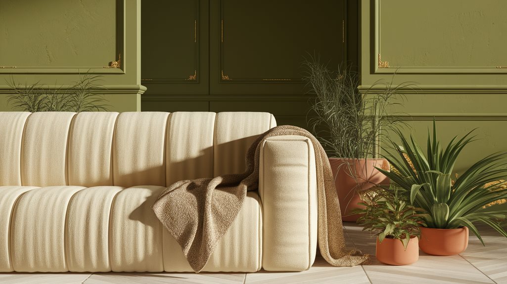 kremowy beż dopełnia oliwkowe ściany